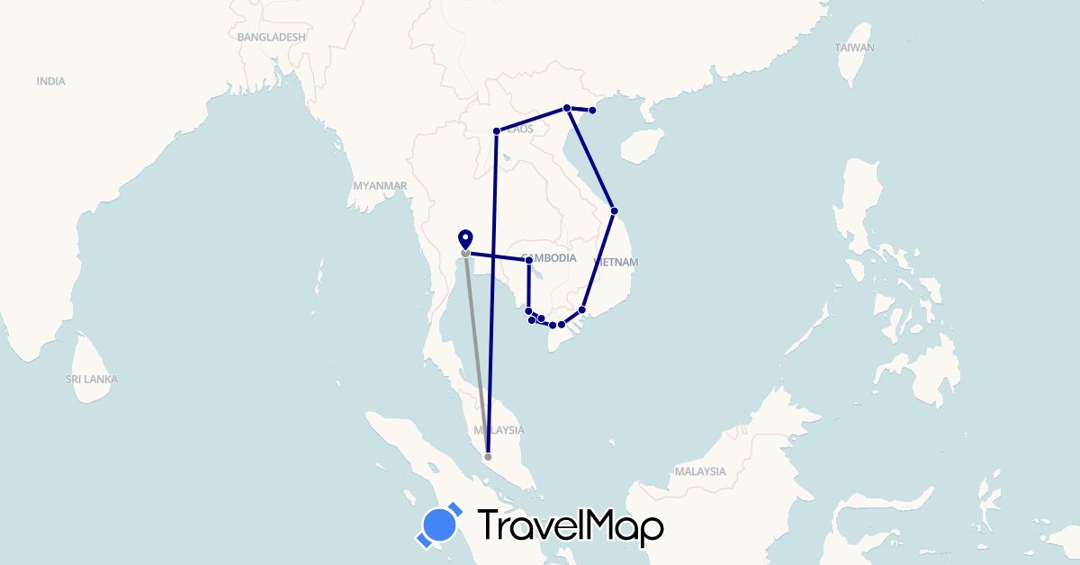 TravelMap itinerary: driving, plane in Cambodia, Laos, Malaysia, Thailand, Vietnam (Asia)